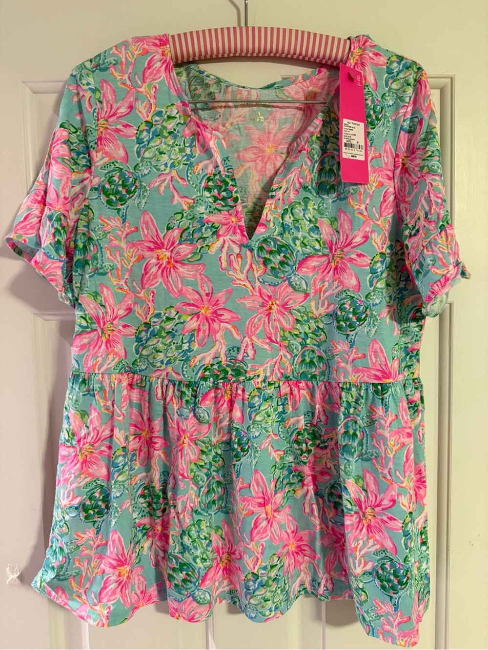 Lilly Pulitzer Pink Floral Peplum Tunic on Aqua jodee